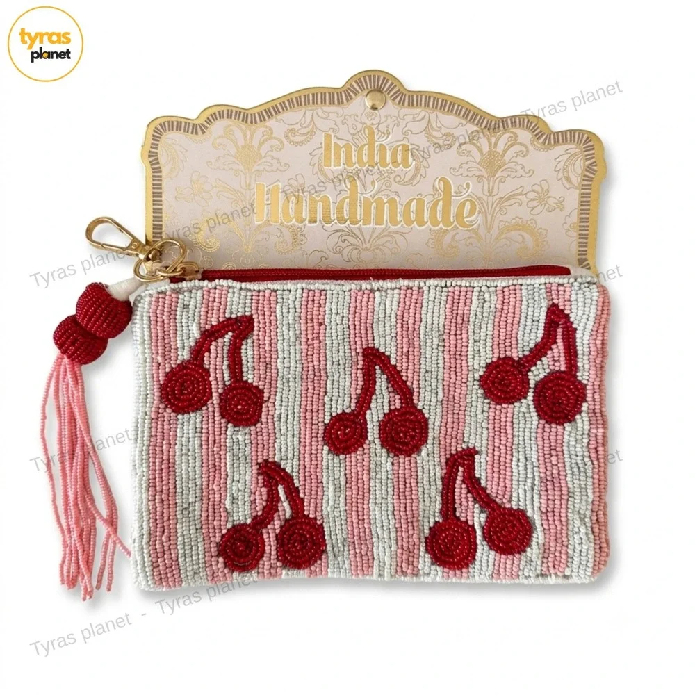 NWT Viral Cherries Stripes Beaded Pouch, Handmade India, tassel, Pink, White,Red